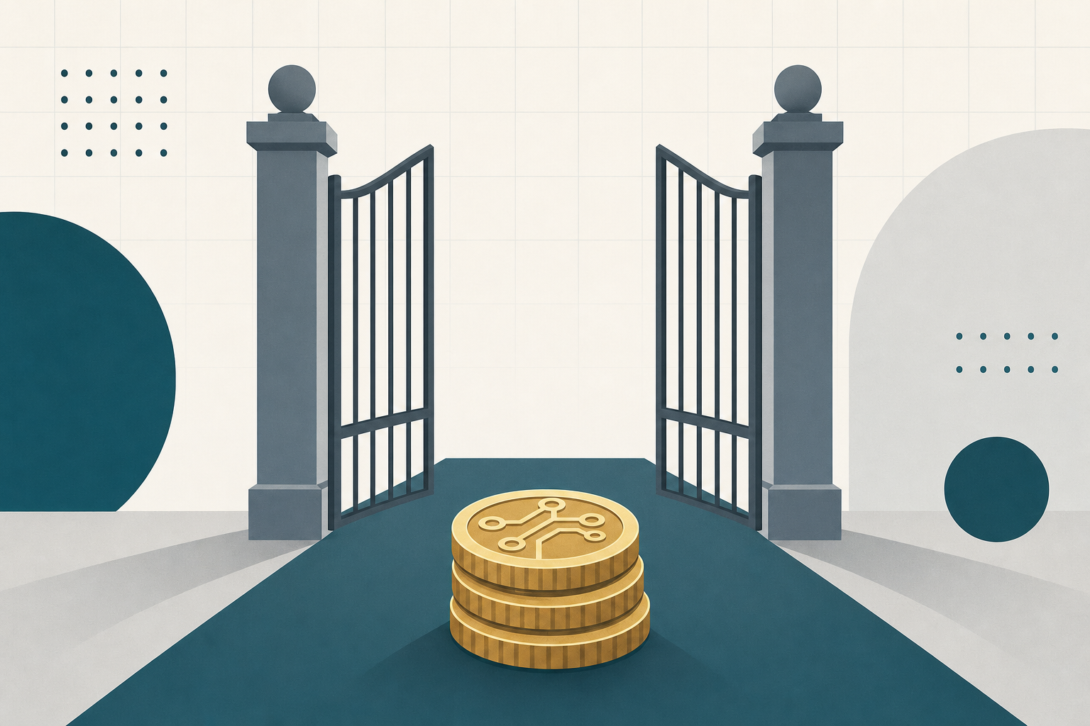 Illustration of crypto coins passing through an open gate representing no-KYC swaps with no minimum deposit