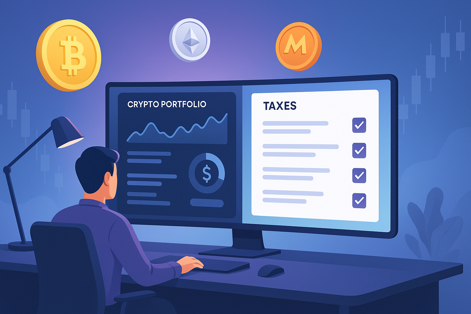 Person analyzing crypto portfolio and tax form on ultrawide monitor with floating digital coins