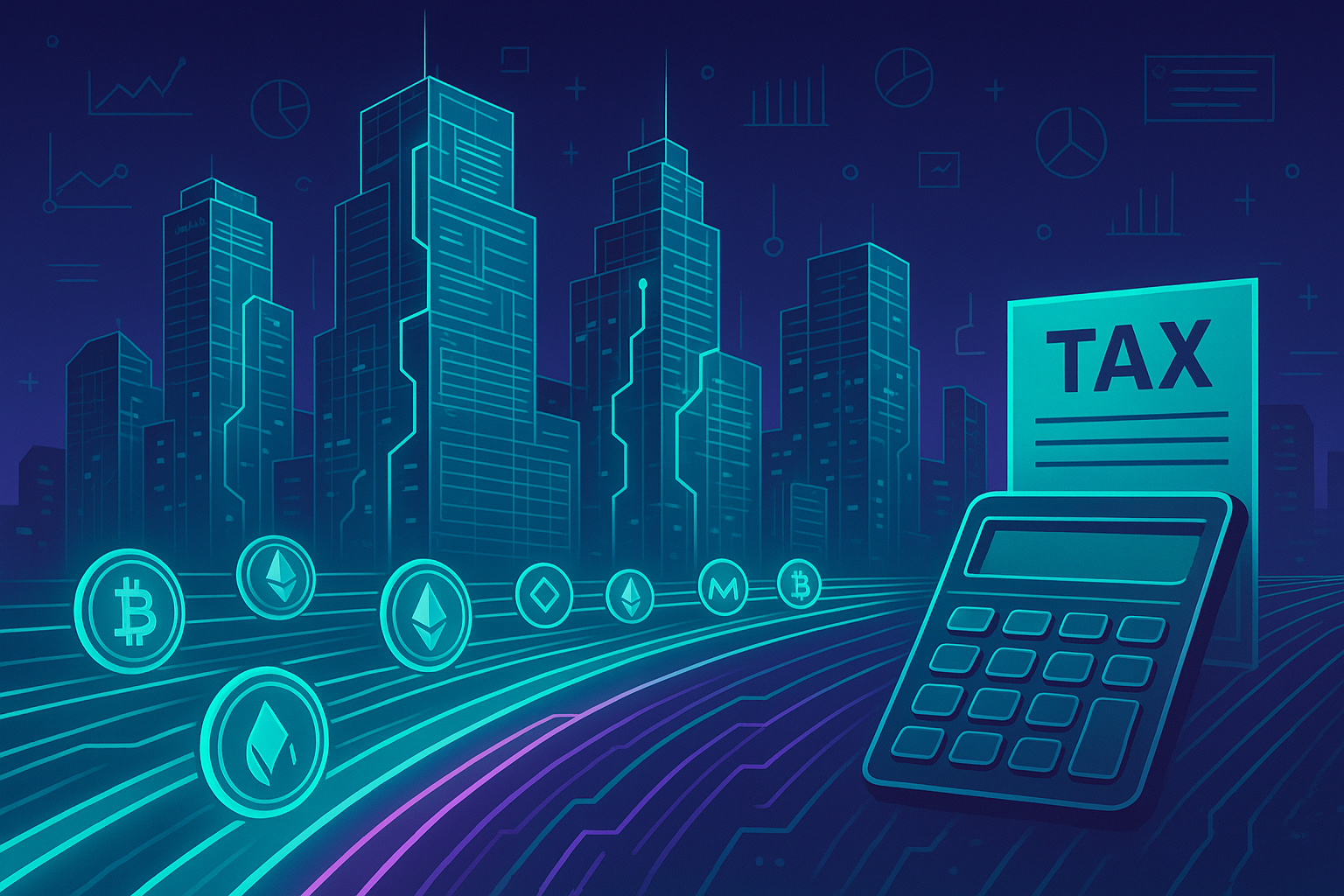 Futuristic crypto city of coins flowing into a digital tax calculator