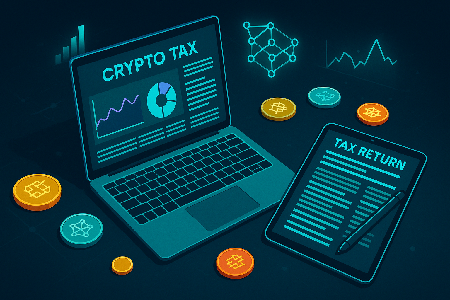 Modern crypto tax workspace with dashboard, tax form, and digital coins