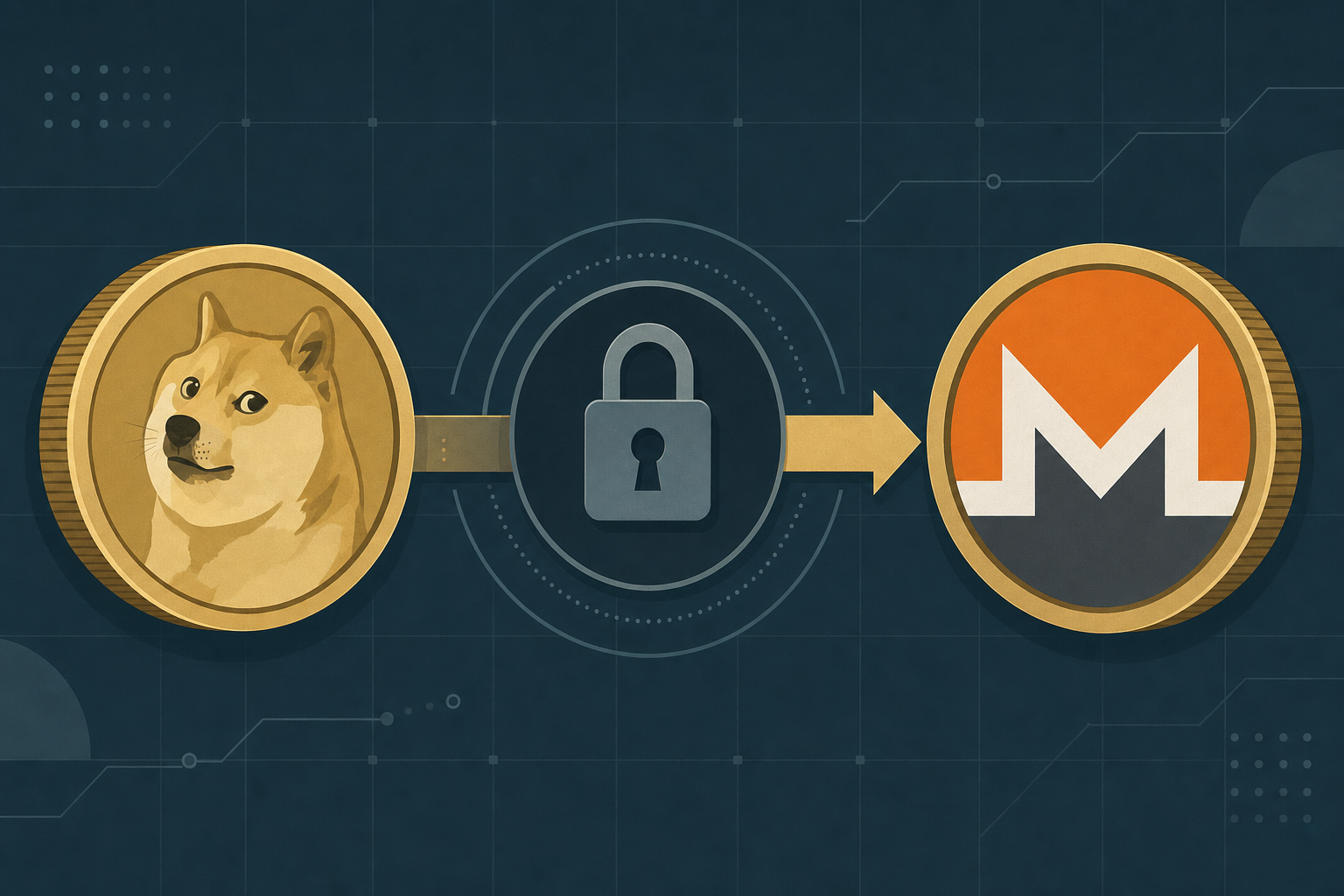 Illustration of a Dogecoin token converting into a Monero token through a privacy lock, on a slate and teal background.