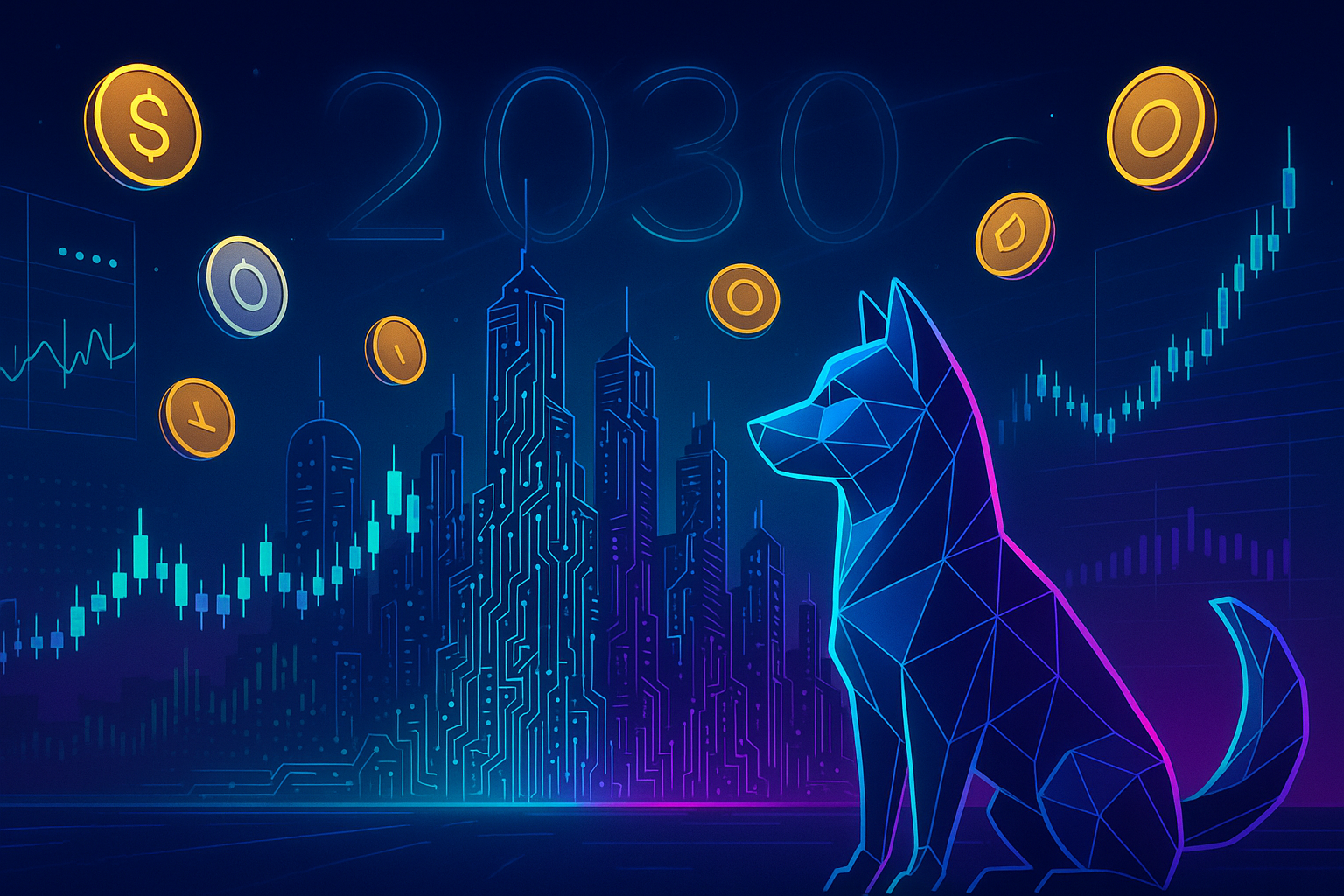 Futuristic Dogecoin-style Shiba Inu and crypto charts in 2030 skyline