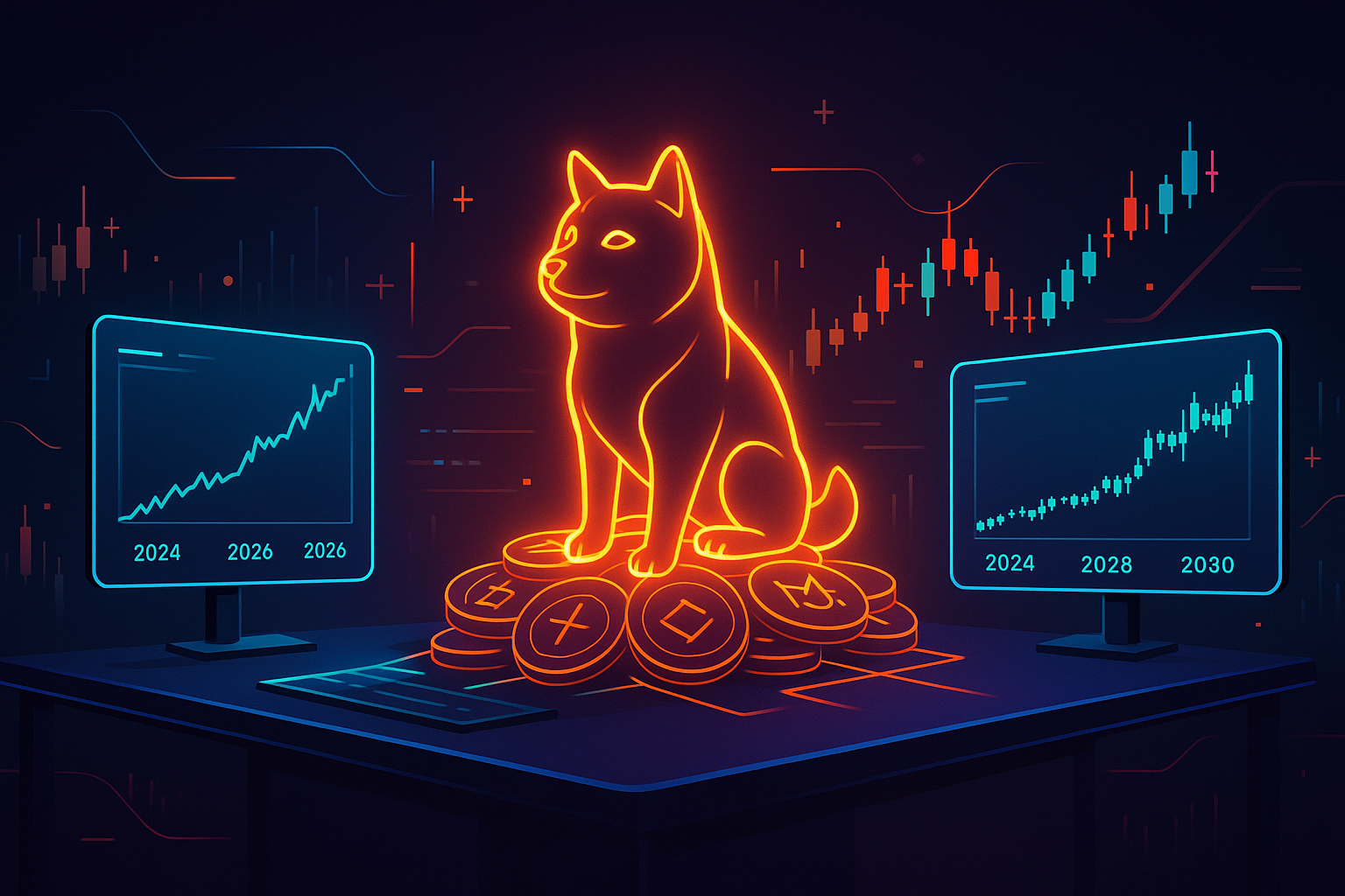 Futuristic crypto trading desk with holographic charts and a neon Shiba Inu representing Dogecoin price outlook to 2030
