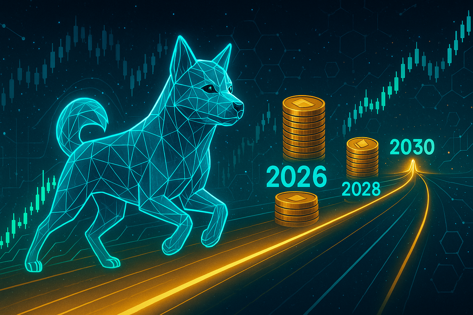 Futuristic Dogecoin price highway to 2030 with rising crypto chart