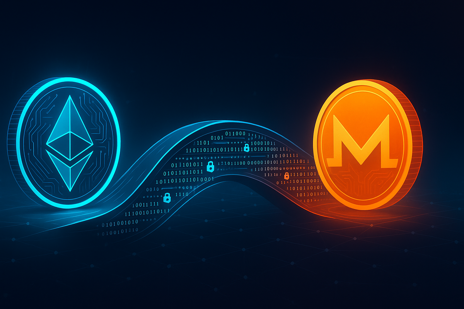 Digital bridge visualizing ETH to XMR swap with encrypted code and padlocks