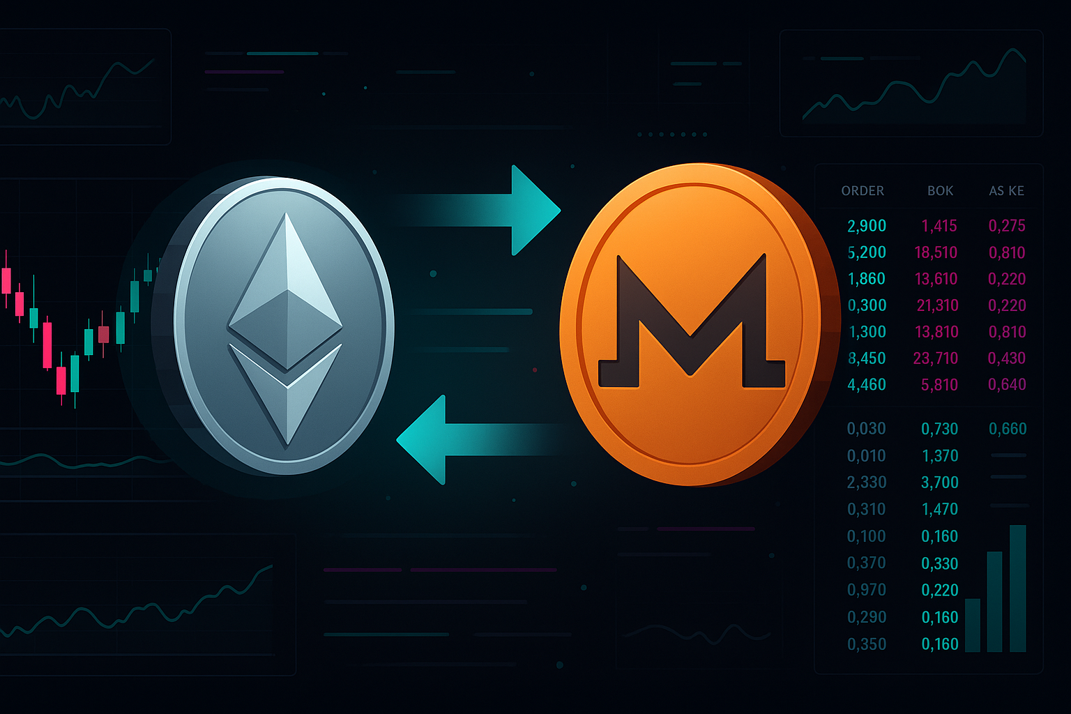 Futuristic ETH to XMR swap interface with charts and order book data