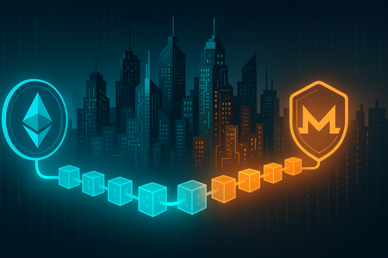 Abstract digital cityscape showing Ethereum to Monero data flow in a crypto pipeline