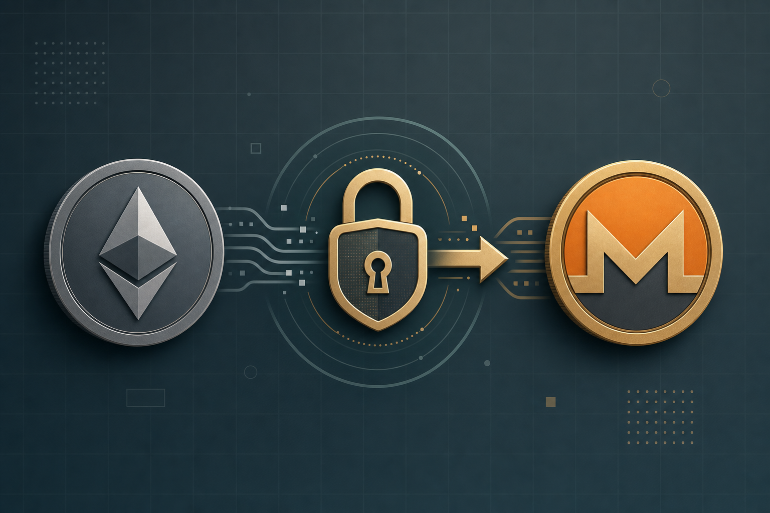 Ethereum token converting into a Monero token through a privacy lock, slate gray and teal vector illustration