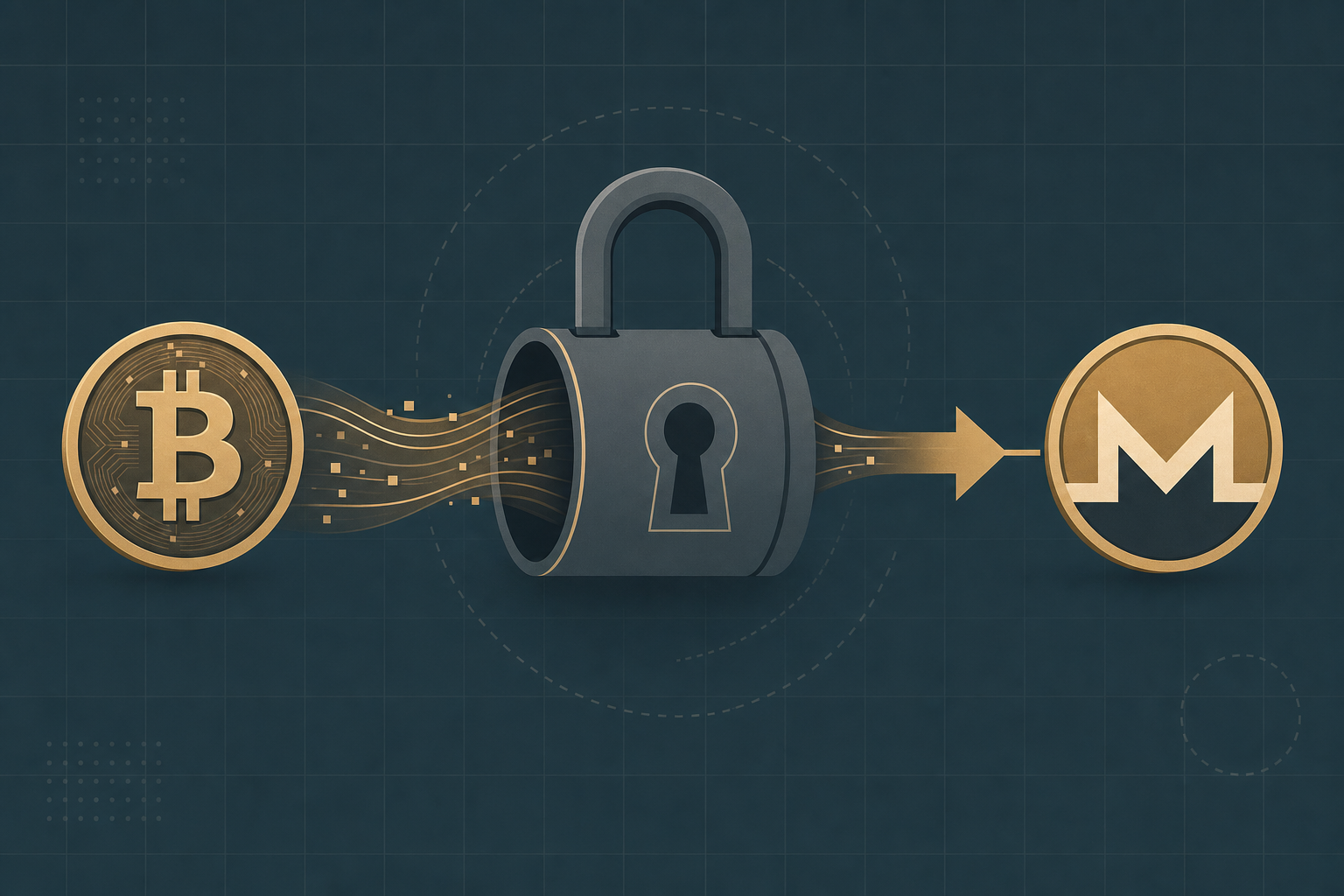 Bitcoin token converting into a Monero token through a stylized privacy lock, editorial vector style