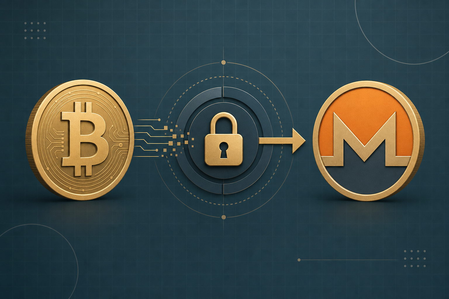 Bitcoin token converting into a Monero token through a stylized privacy lock, slate and gold palette