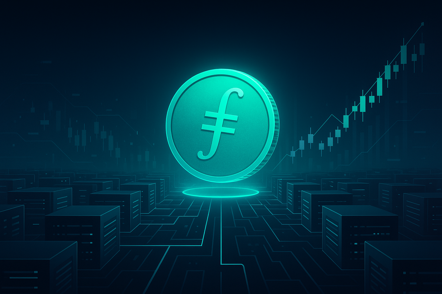 Filecoin coin in futuristic data storage network with rising price charts