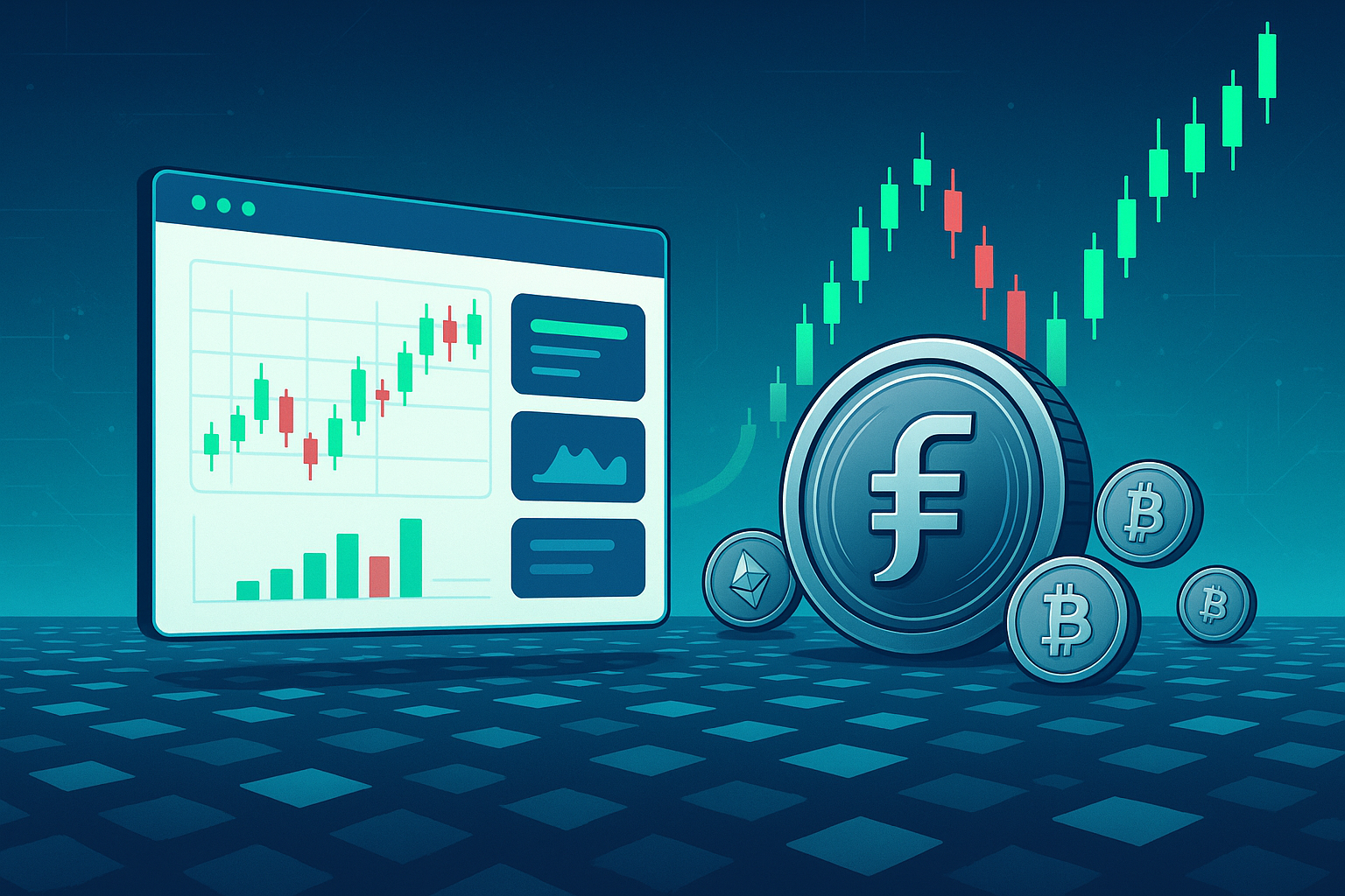 Futuristic Filecoin trading dashboard with FIL coin and candlesticks over digital data ocean