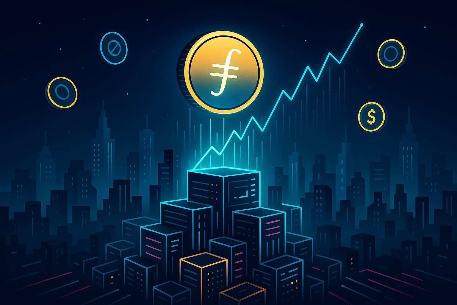 Futuristic neon cyber city with Filecoin coin and price projection graphs in the skyline