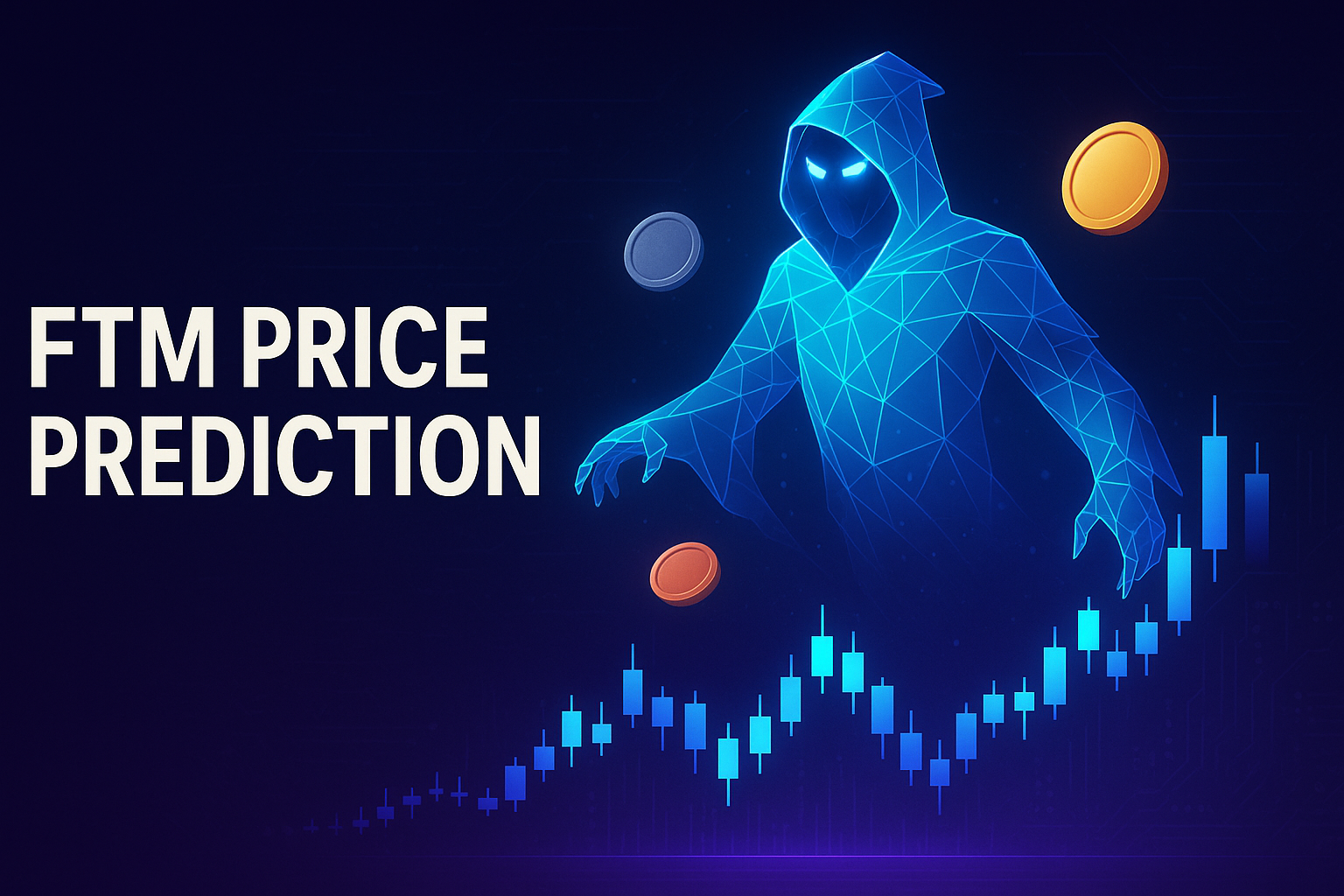 Futuristic FTM price prediction banner with neon phantom and crypto candlestick chart