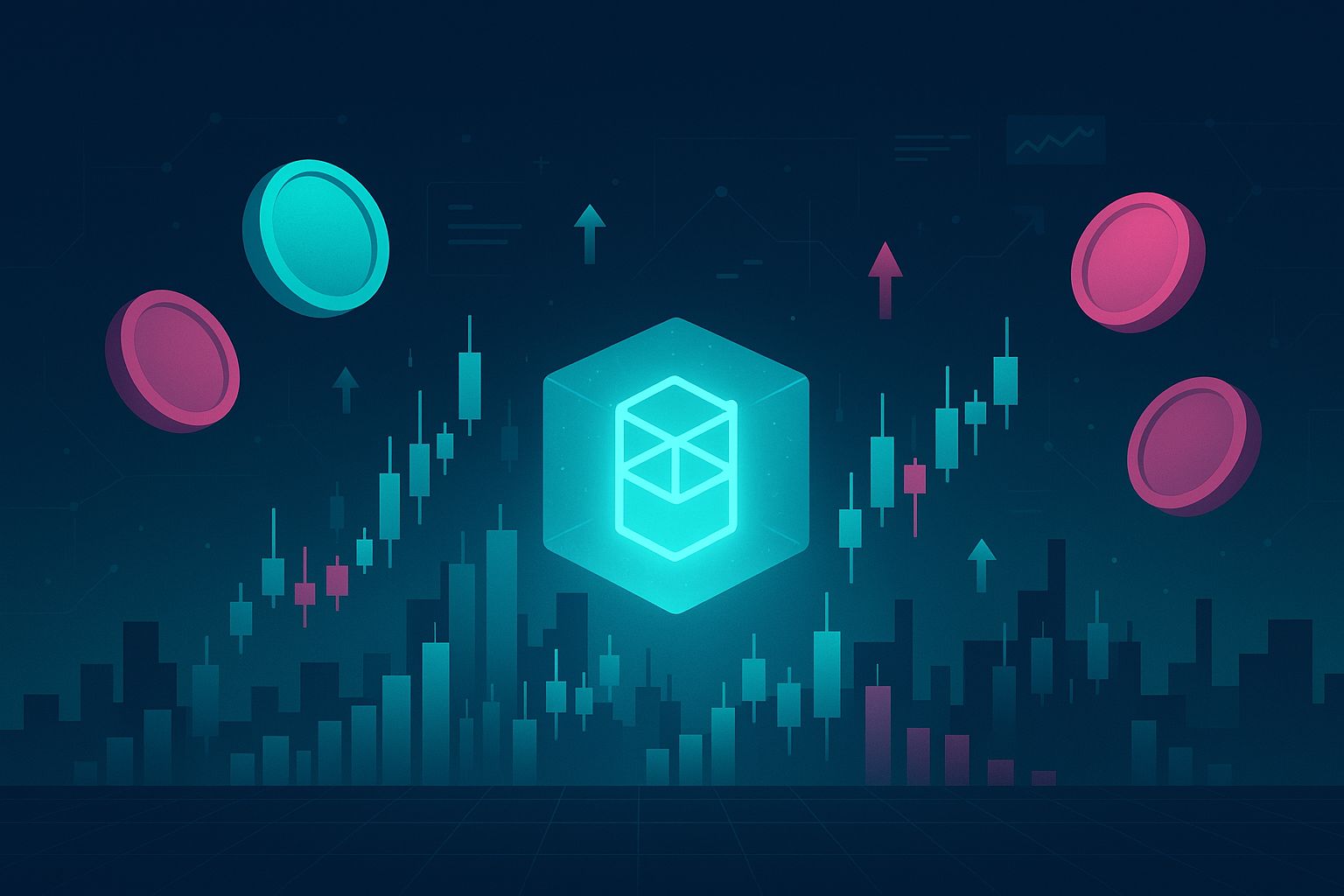 FTM price prediction crypto landscape with digital city, glowing cube and floating coins
