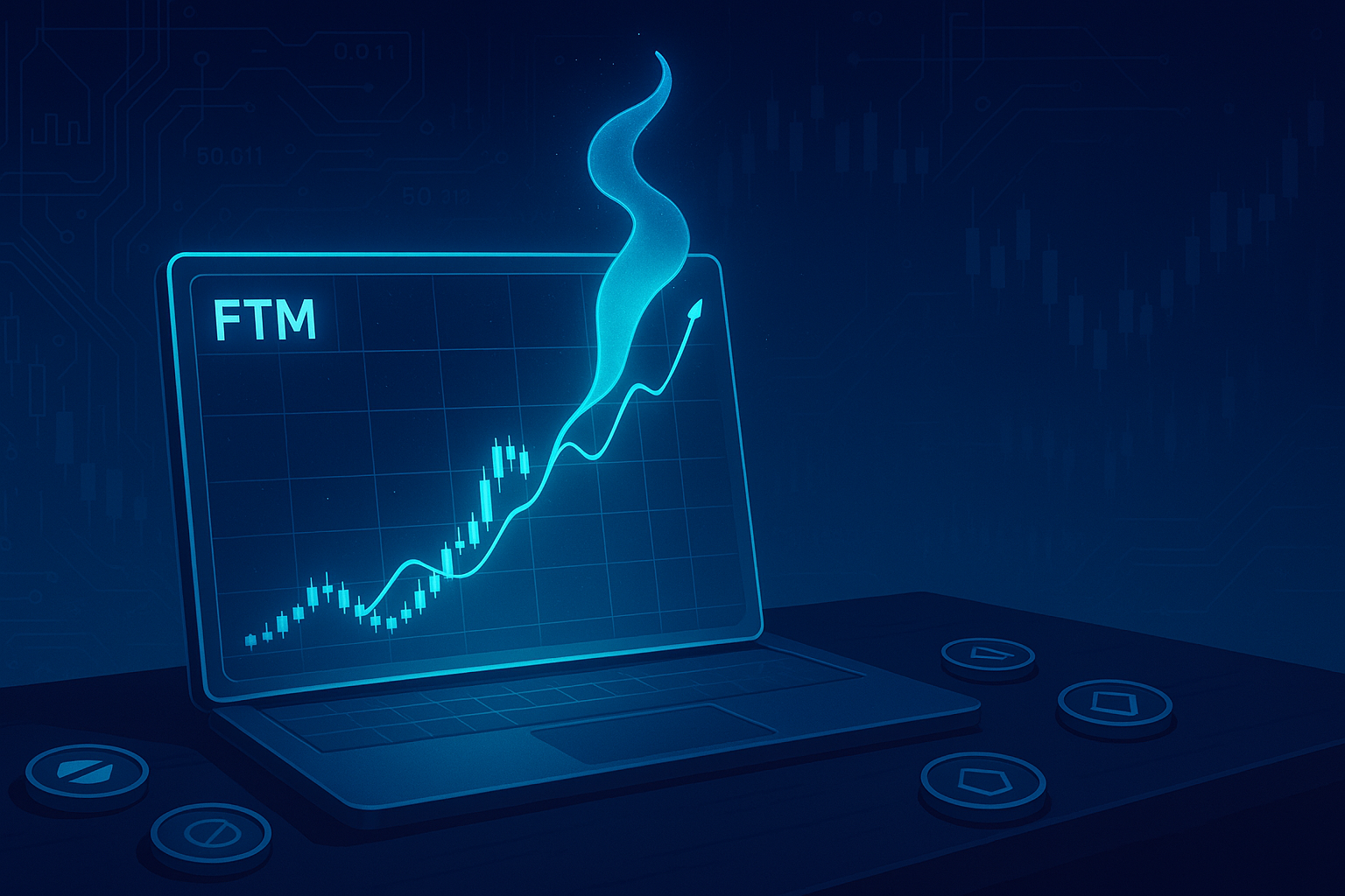 Holographic FTM trading terminal showing price prediction chart on modern crypto desk