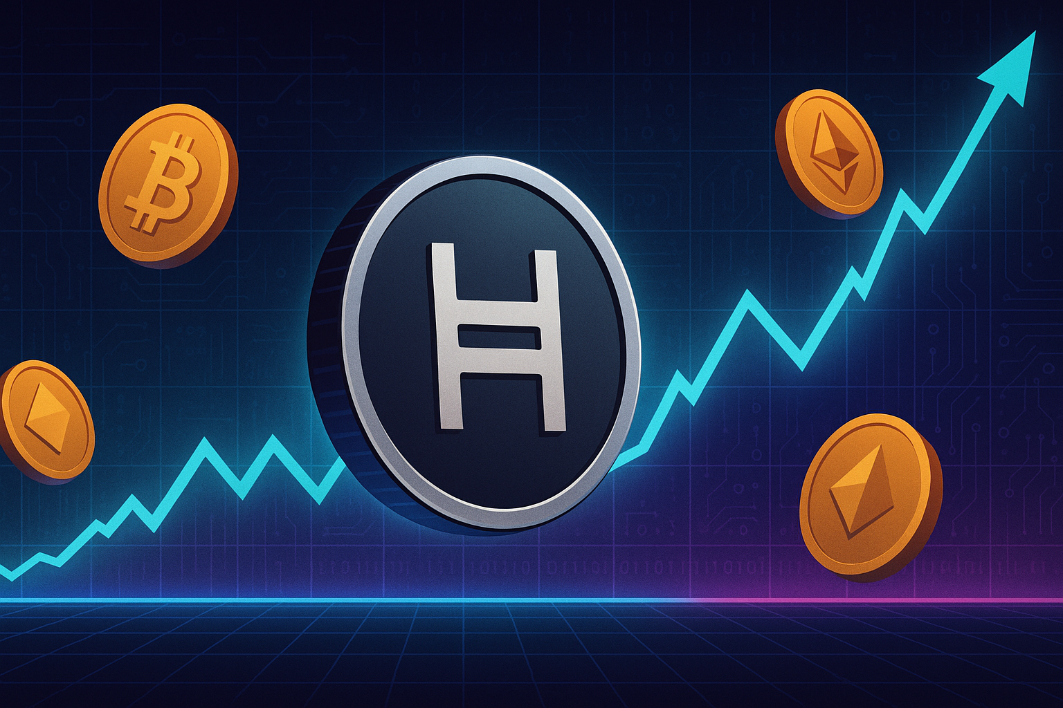 Futuristic HBAR-style coin with rising crypto price chart on dark grid