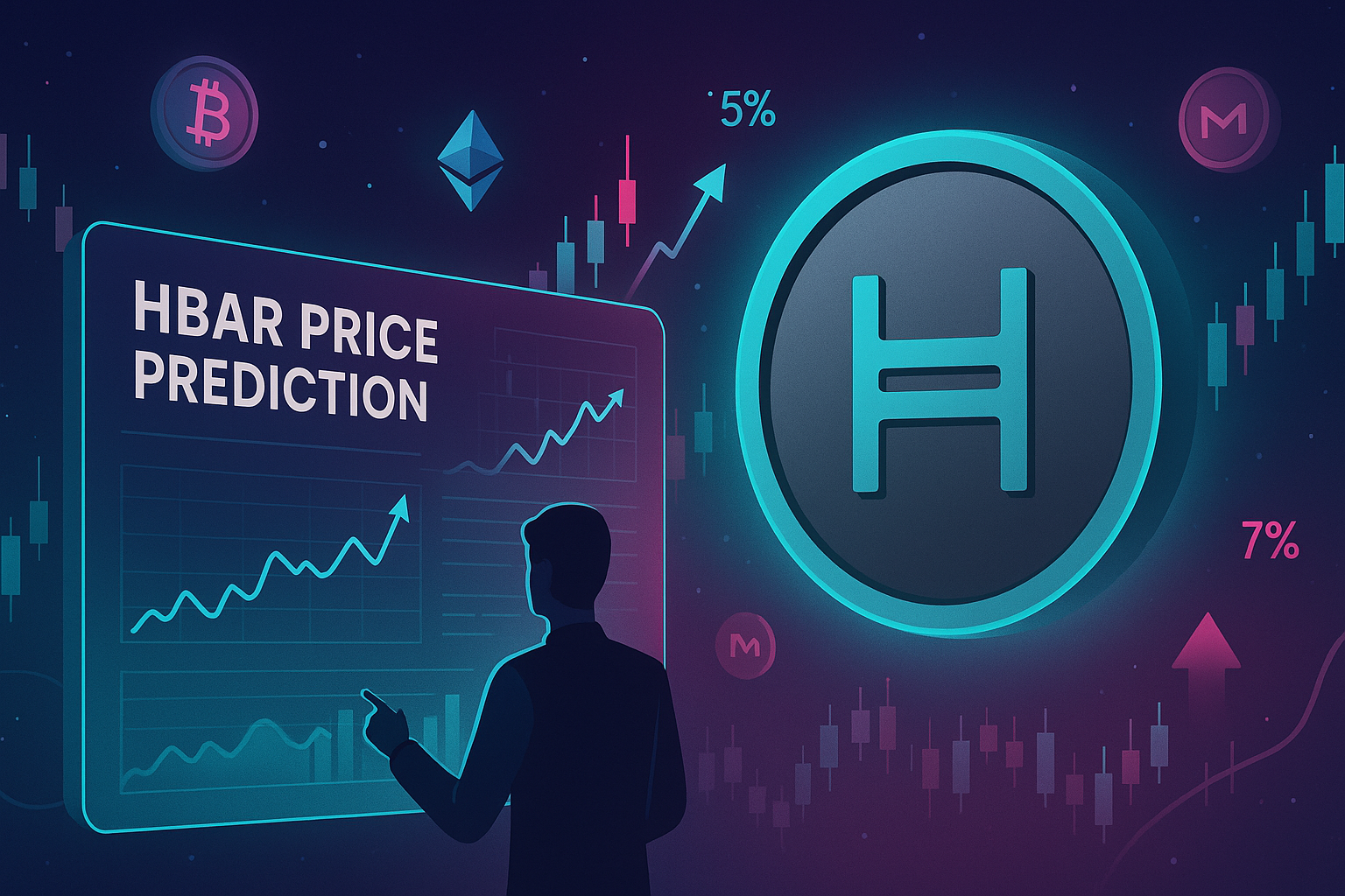 Futuristic crypto trader dashboard with HBAR price prediction charts and glowing digital coins