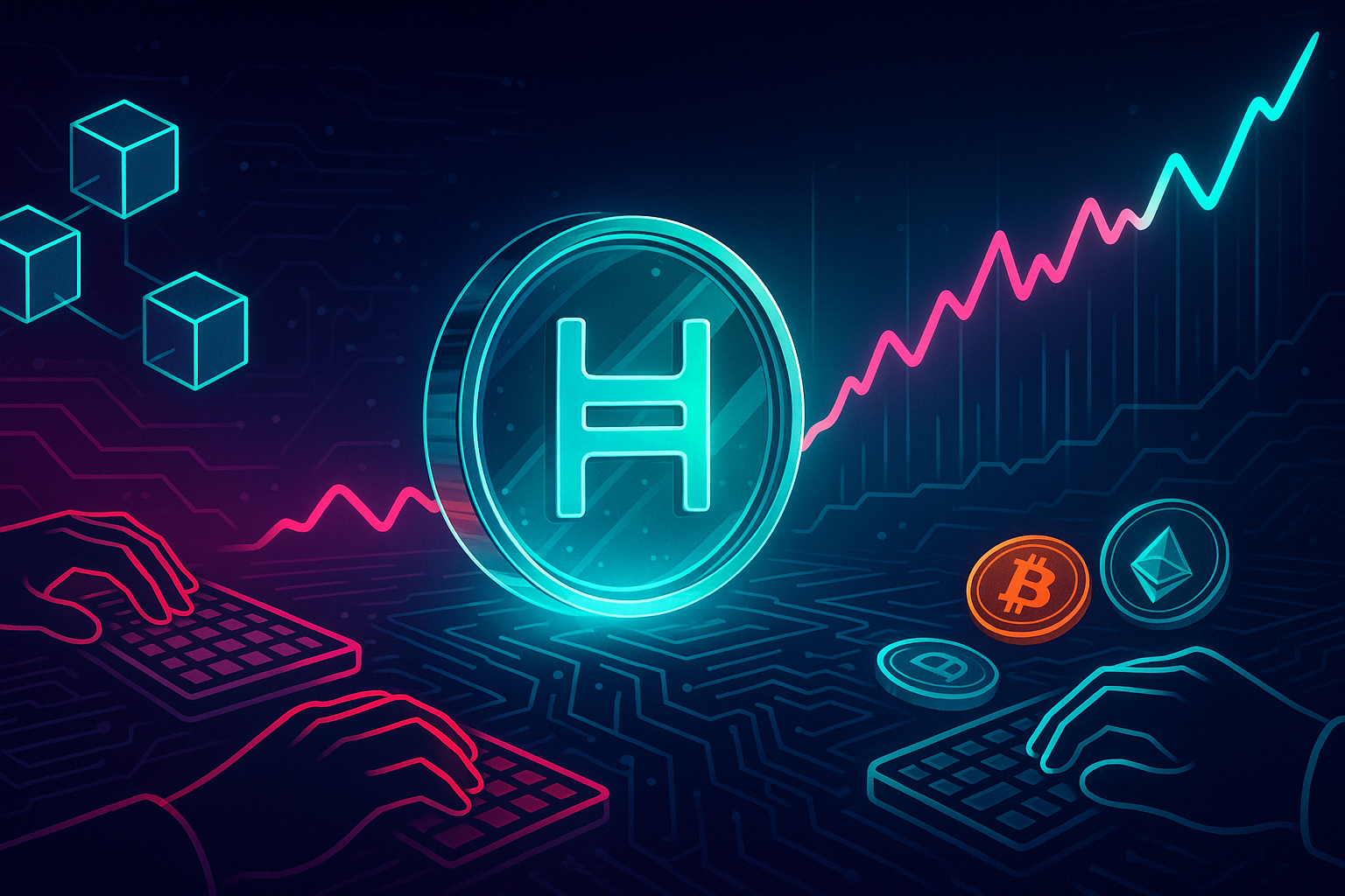 HBAR-themed digital coin with rising crypto price chart in neon market scene
