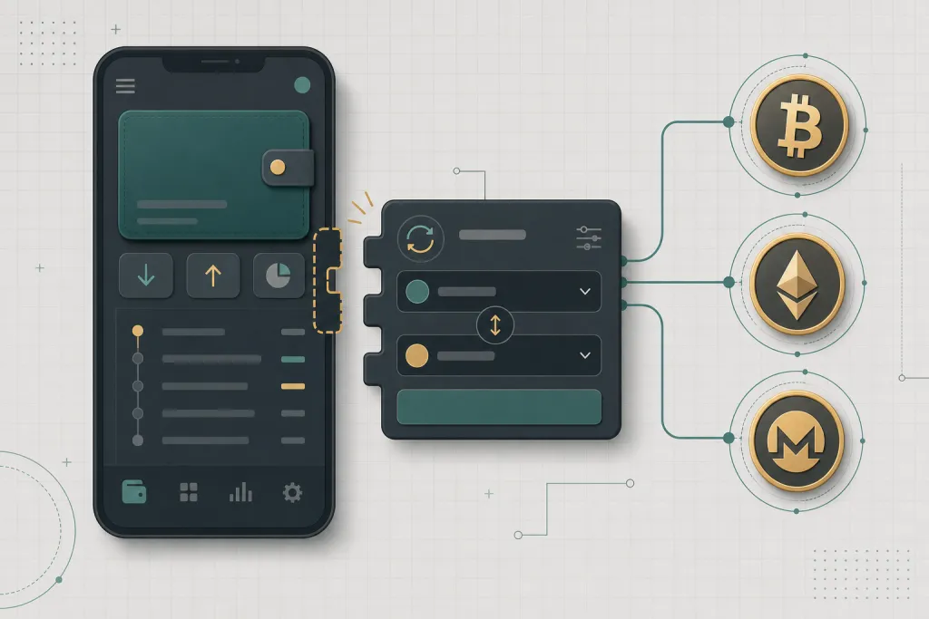 Eine modulare Krypto-Swap-Widget-Komponente, die sich mit der Benutzeroberfläche einer Wallet-App und verknüpften Coin-Token verbindet.
