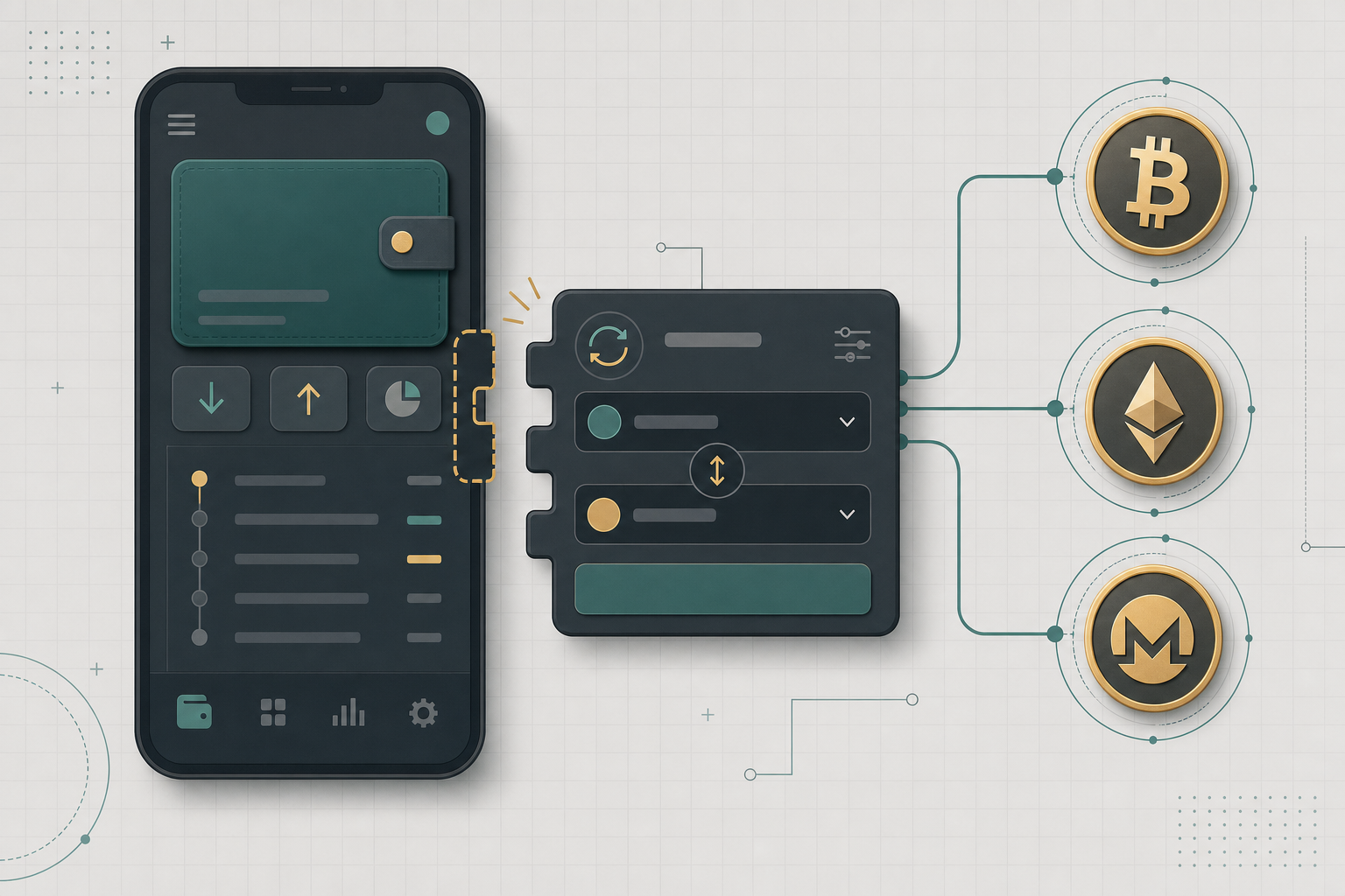 A modular crypto swap widget component connecting into a wallet app interface with linked coin tokens