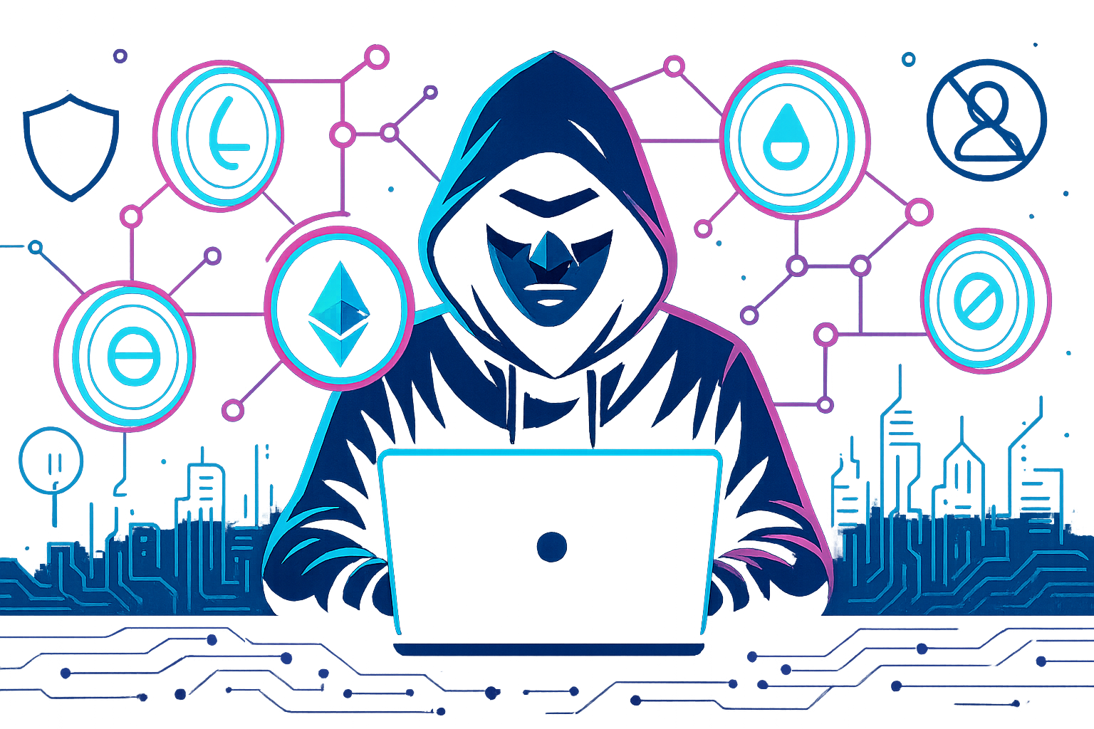 Anonymous crypto user buying Ethereum without KYC amid neon blockchain graphics