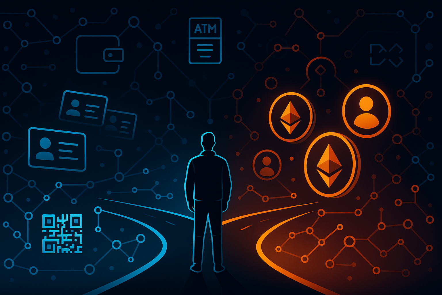 Person choosing anonymous Ethereum purchase at digital crossroads with non-KYC crypto icons