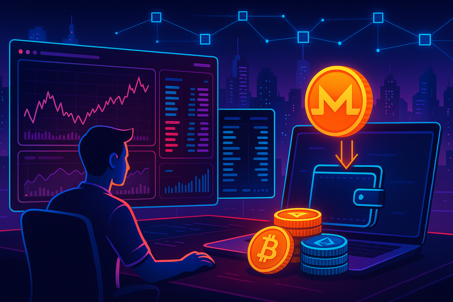 Trader moving a Monero-style coin into a digital wallet on neon crypto screens