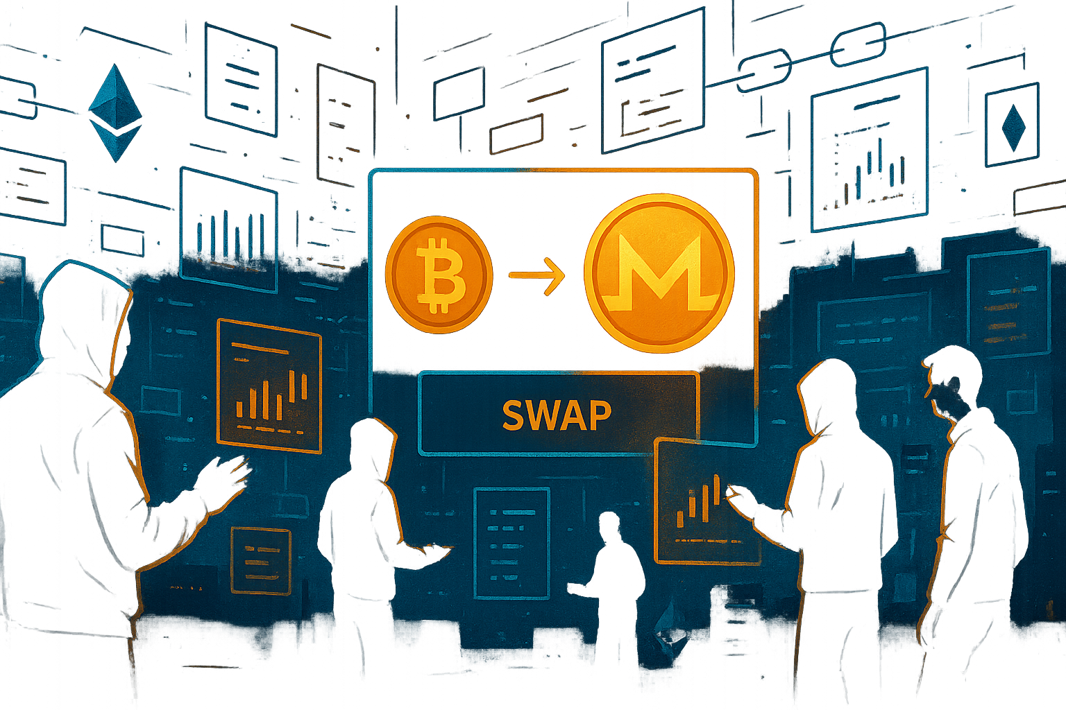 Cyberpunk crypto scene showing Monero swap from Bitcoin in neon market