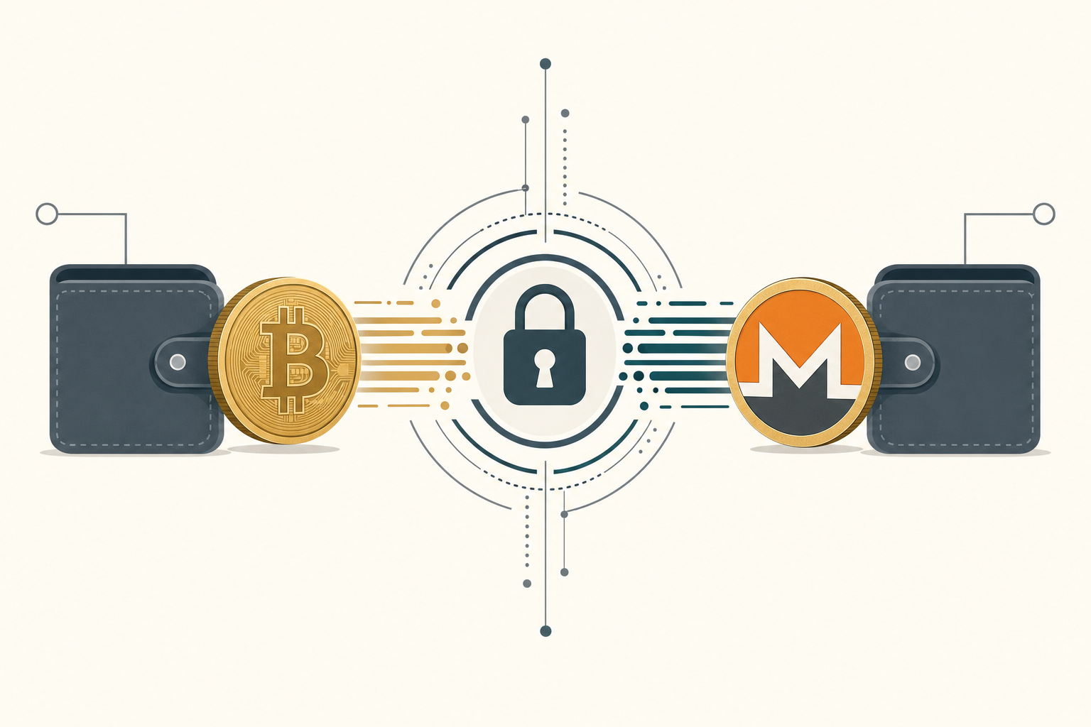 Illustration of a Bitcoin token converting into a Monero token through a privacy lock, wallet to wallet