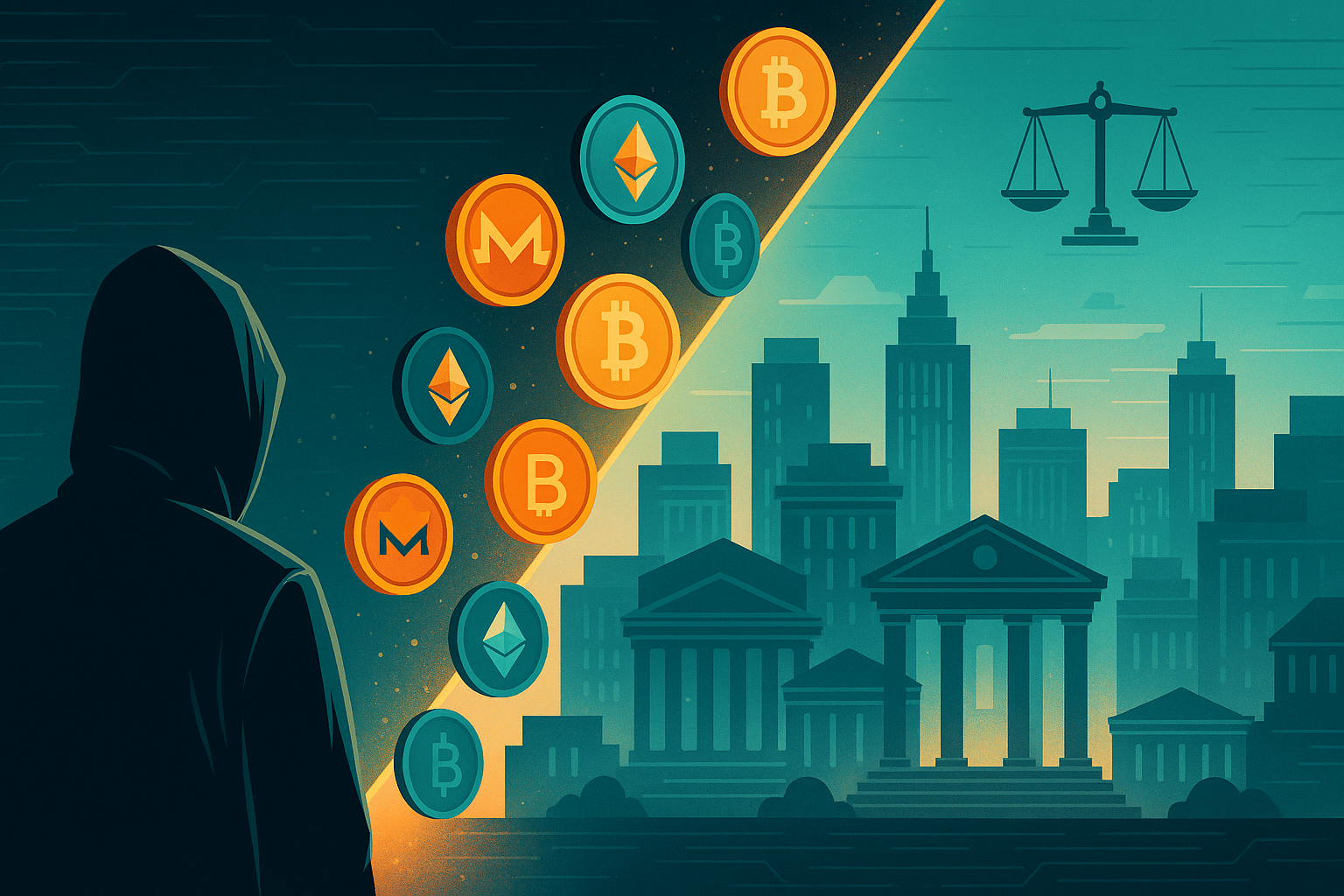 Hooded figure facing regulated crypto city with Monero, Bitcoin and Ethereum coins