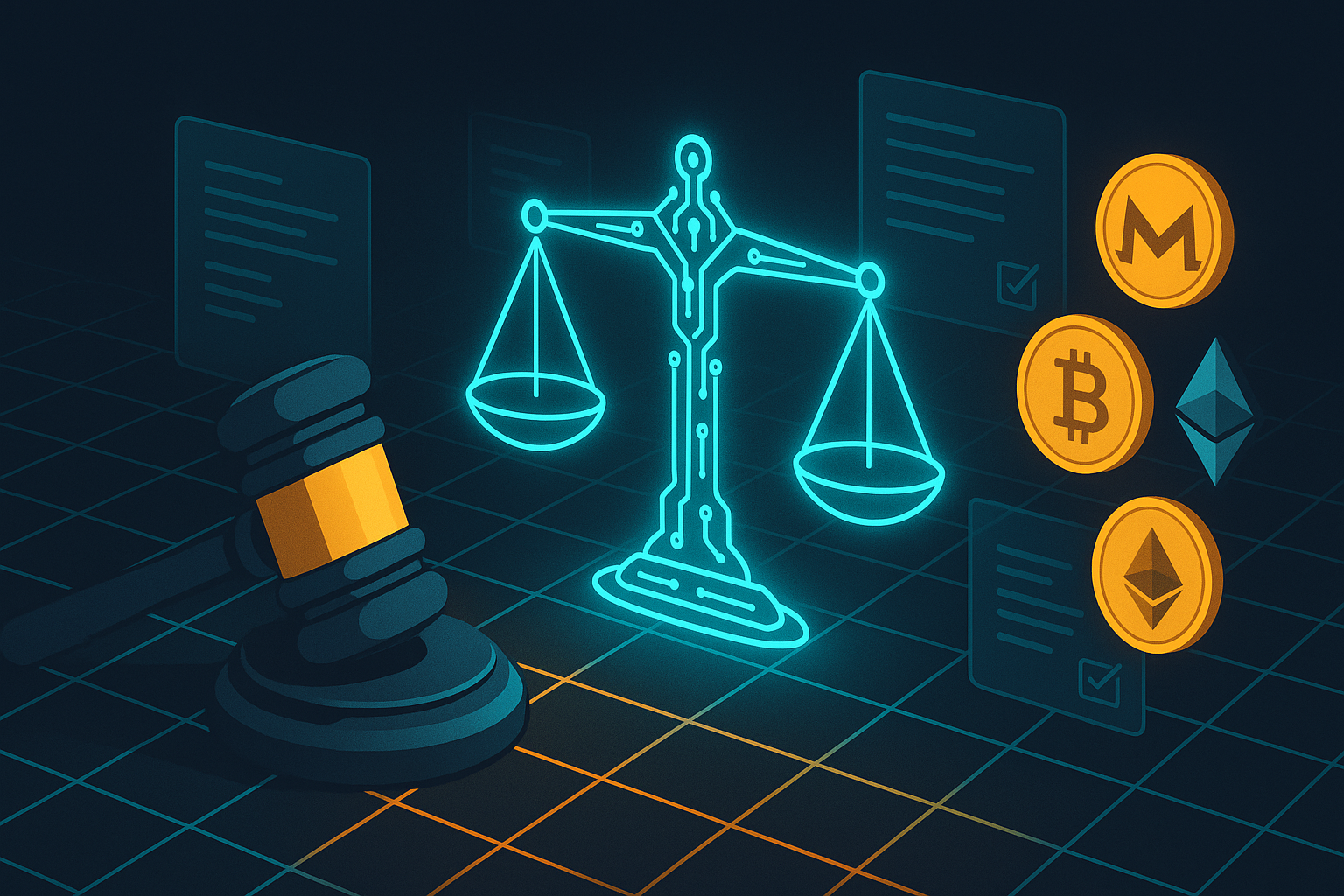 Abstract legal and crypto illustration with Monero-style coins, digital scales, and judge’s gavel