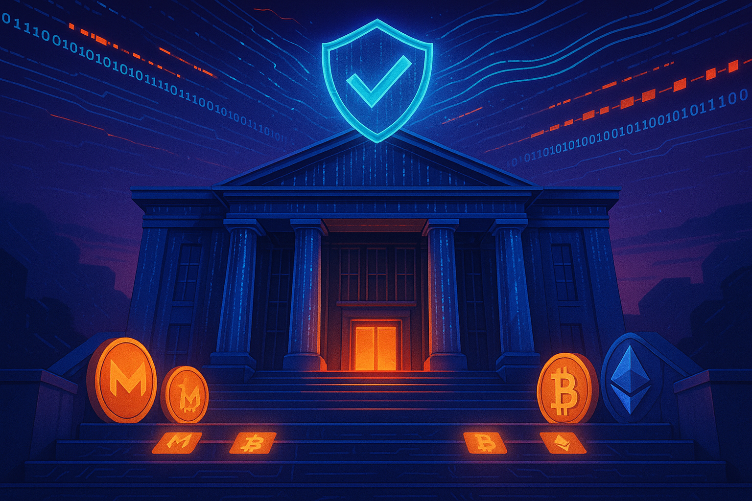 Futuristic courthouse with glowing crypto coins symbolizing Monero legality