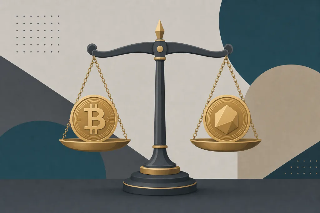 ビットコイントークンと一般的なコインを天秤で量り、本人確認不要の暗号通貨スワップの合法性を説明する図。