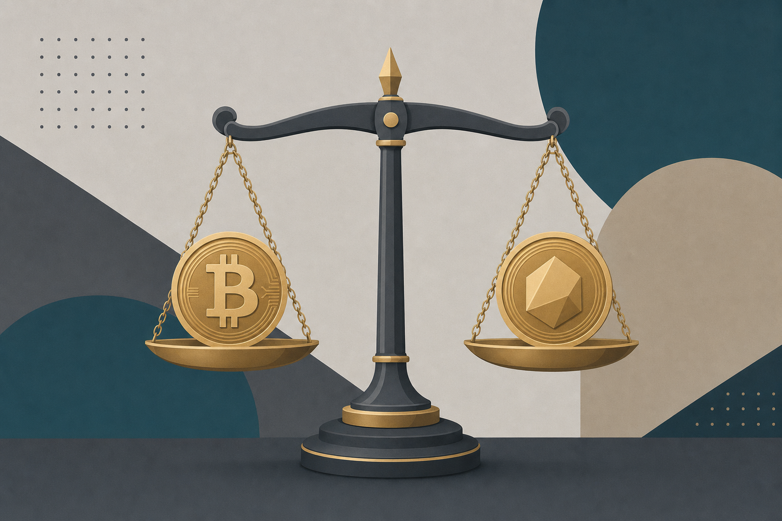 Balance scale weighing a Bitcoin token against a generic coin, illustrating the legality of no-KYC crypto swaps