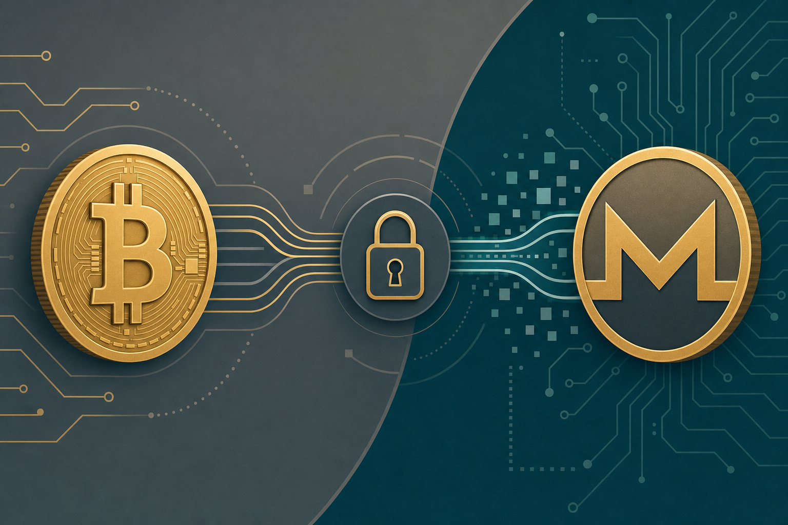 Bitcoin token converting into a Monero token through a stylized privacy lock on a slate and teal background