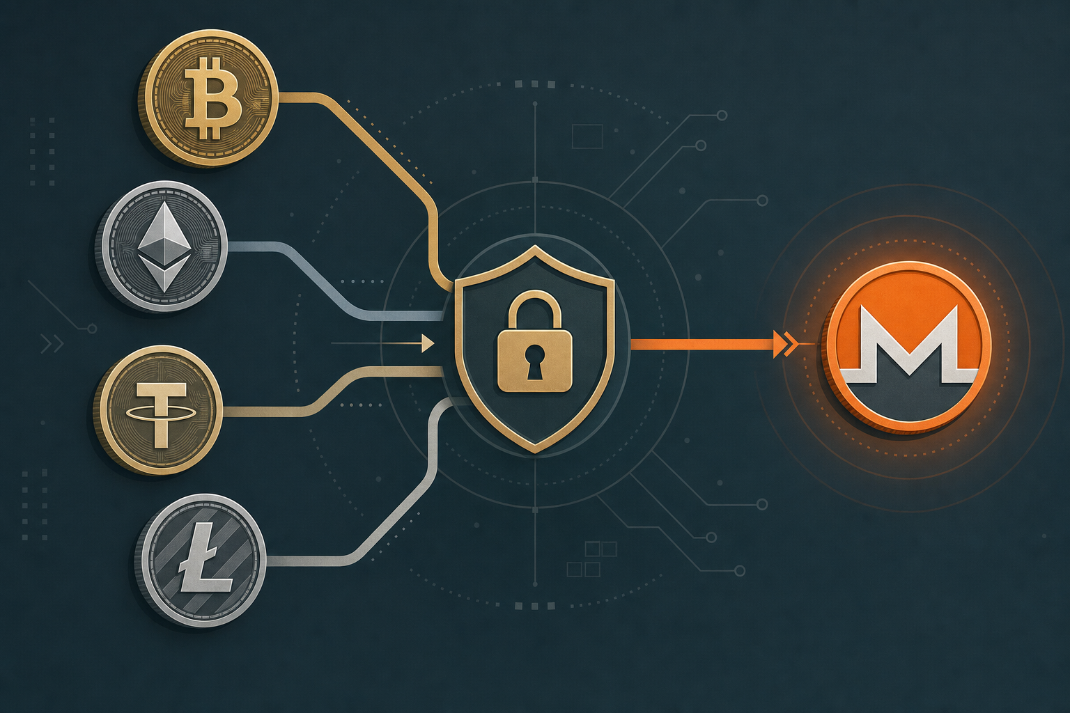 Multiple crypto tokens converging into a single Monero token through a central privacy lock icon