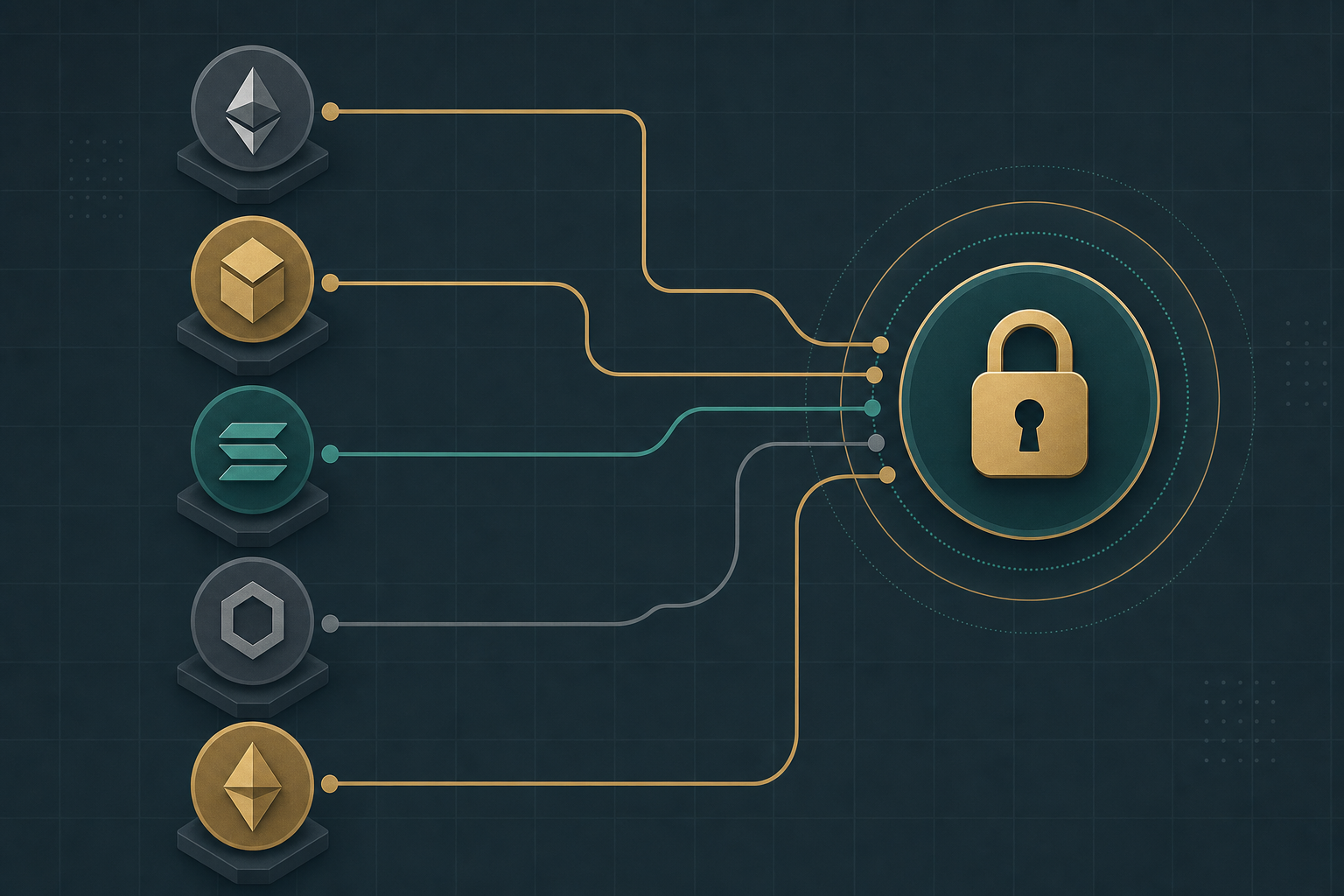 Abstract crypto tokens routed through comparison paths converging into a single privacy lock icon