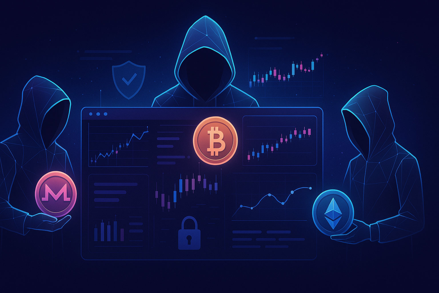 Futuristic neon crypto trading dashboard highlighting no KYC privacy