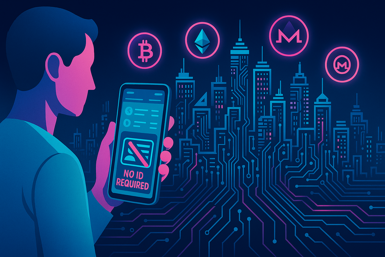 Digital city made of circuits with user trading on a no-KYC crypto exchange app