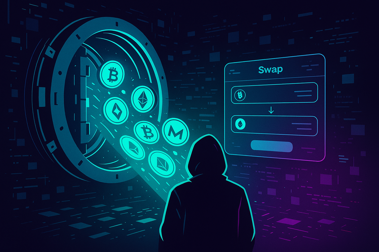 Cyberpunk digital vault streaming crypto coins into a no-KYC decentralized exchange interface