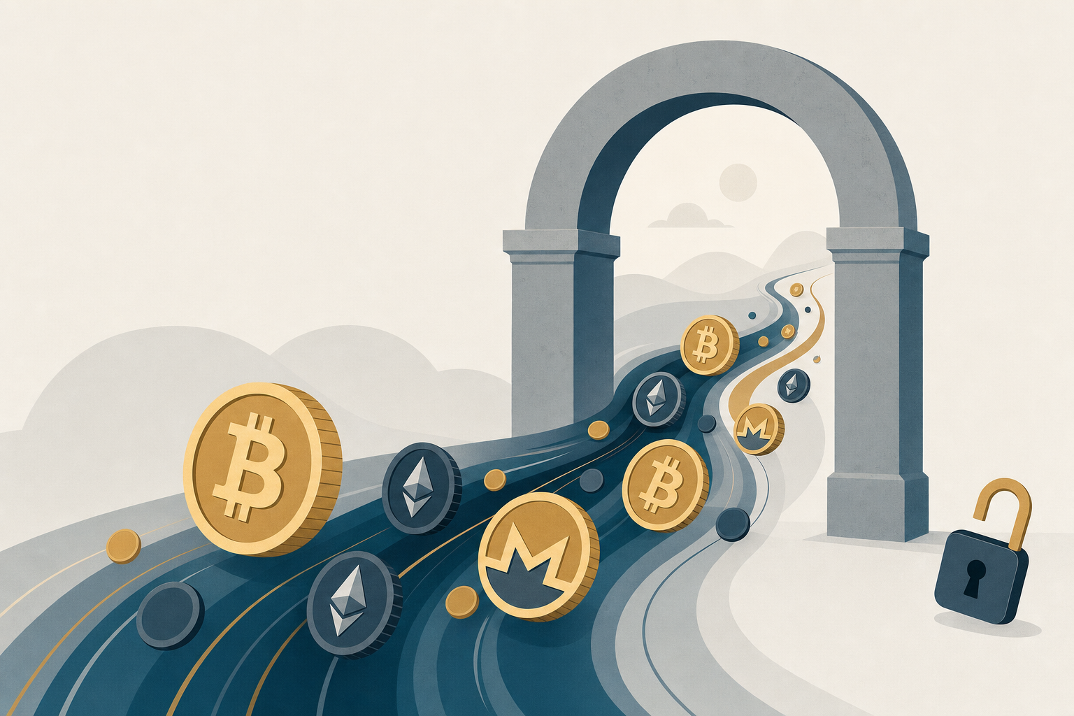 Stream of crypto coin tokens flowing freely through an open archway past an unlocked padlock, no barriers