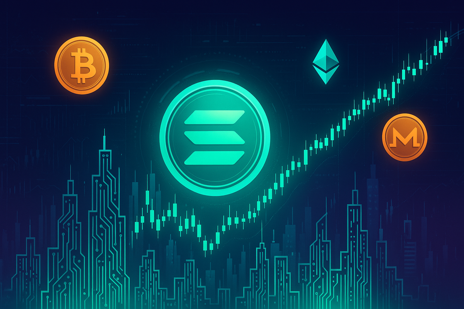 Futuristic Solana coin rising on neon crypto price chart skyline
