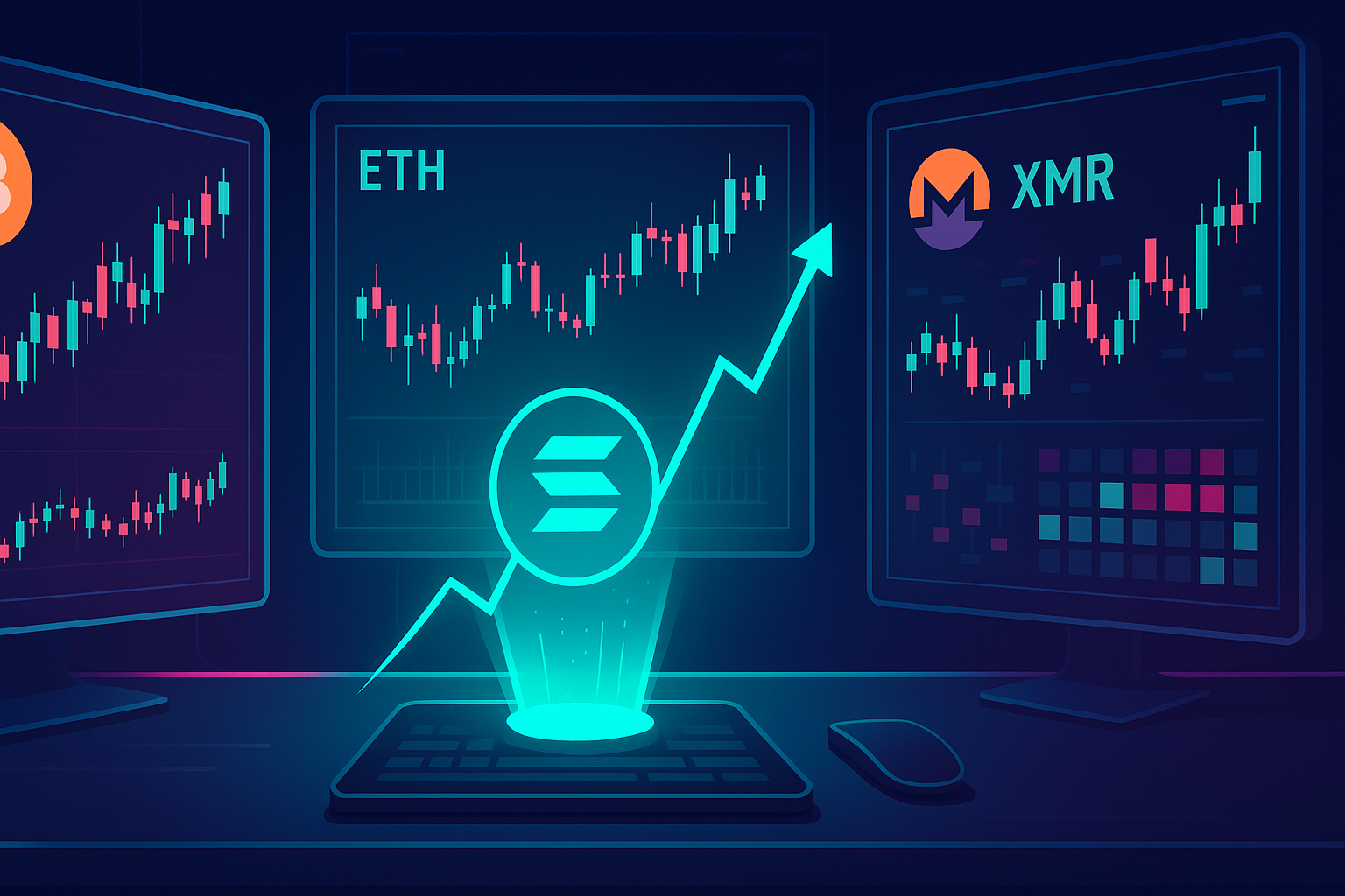 Solana price prediction trading desk with holographic crypto charts and rising teal coin