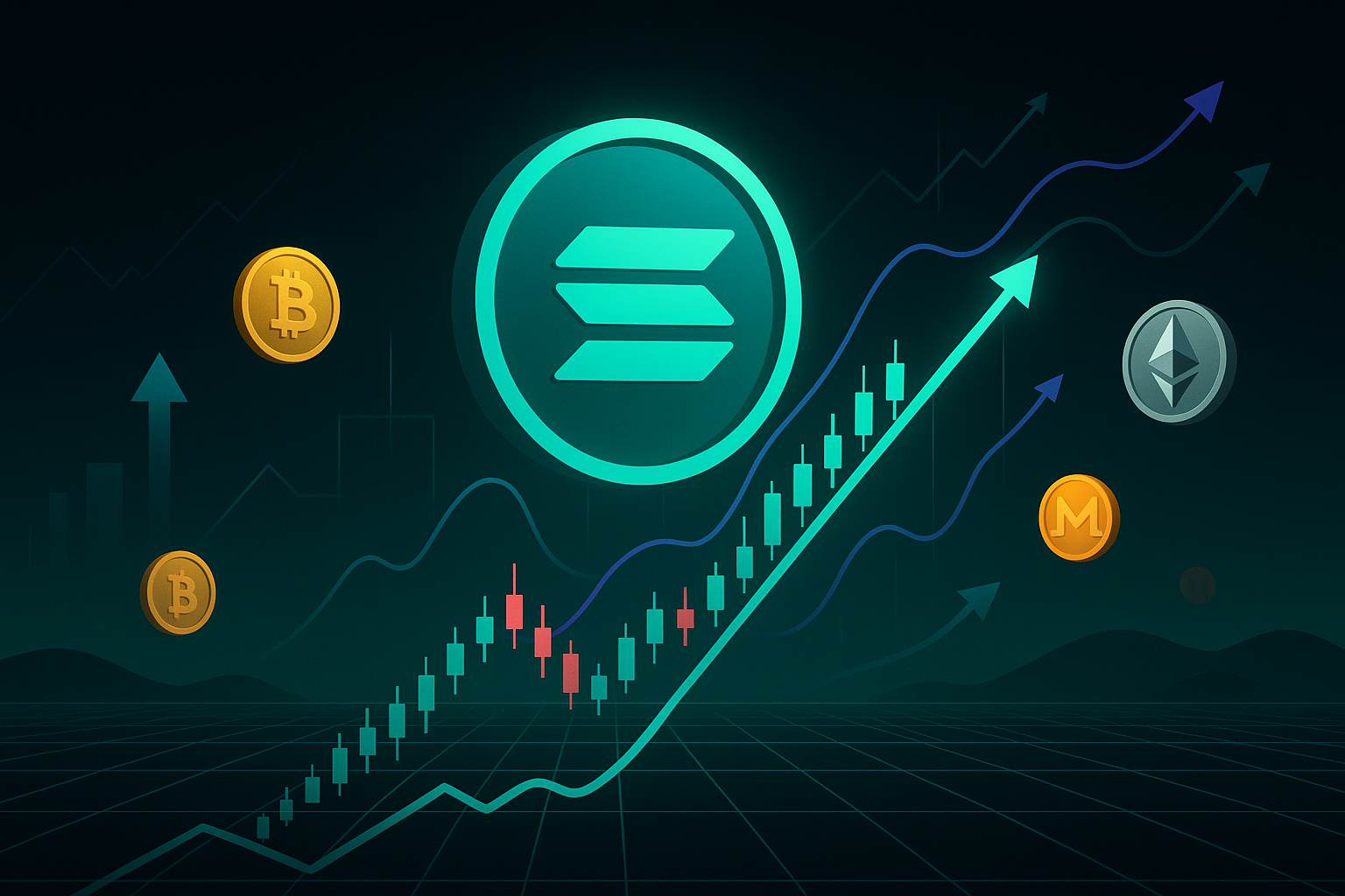 Futuristic Solana coin rising on price chart with crypto market forecast graphics