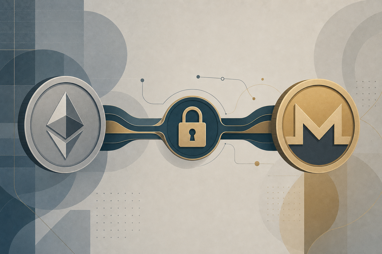 Illustration of an Ethereum token converting into a Monero token through a privacy lock, non-custodial swap concept
