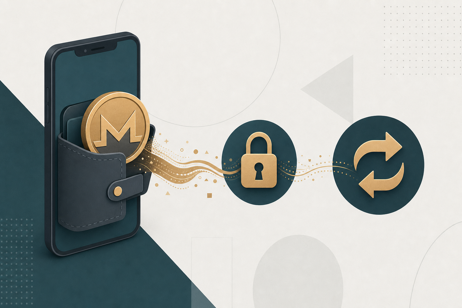 Monero token leaving a mobile wallet and flowing through a privacy lock into a crypto swap arrow