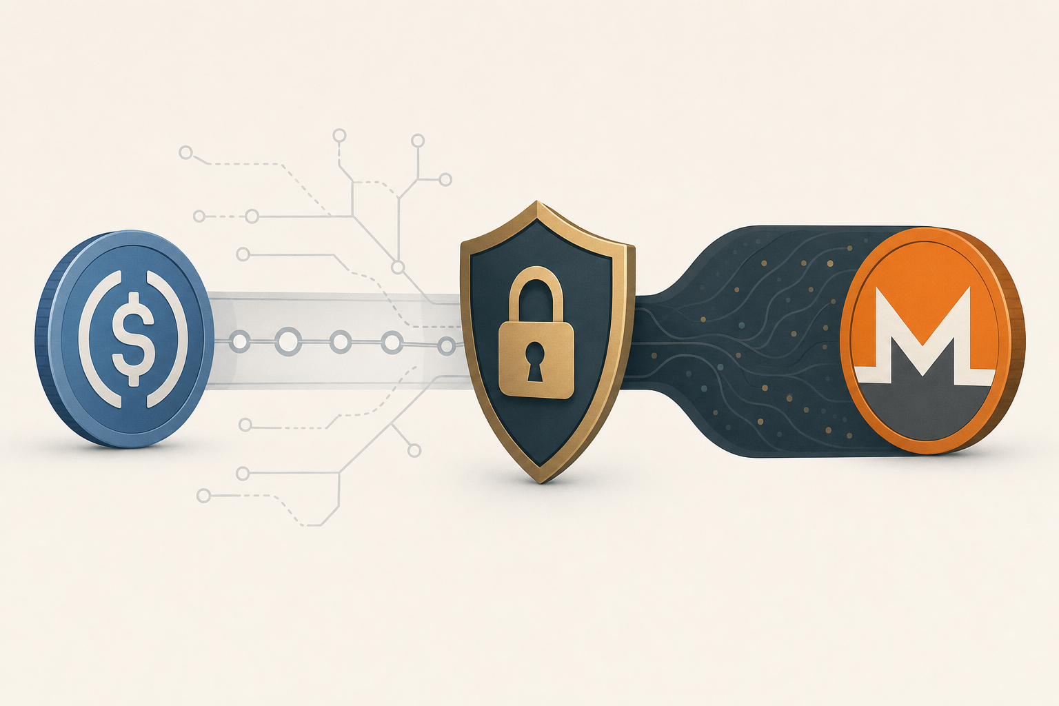 Иллюстрация конвертации стейблкоина USDC в токен Monero с помощью значка защиты конфиденциальности.