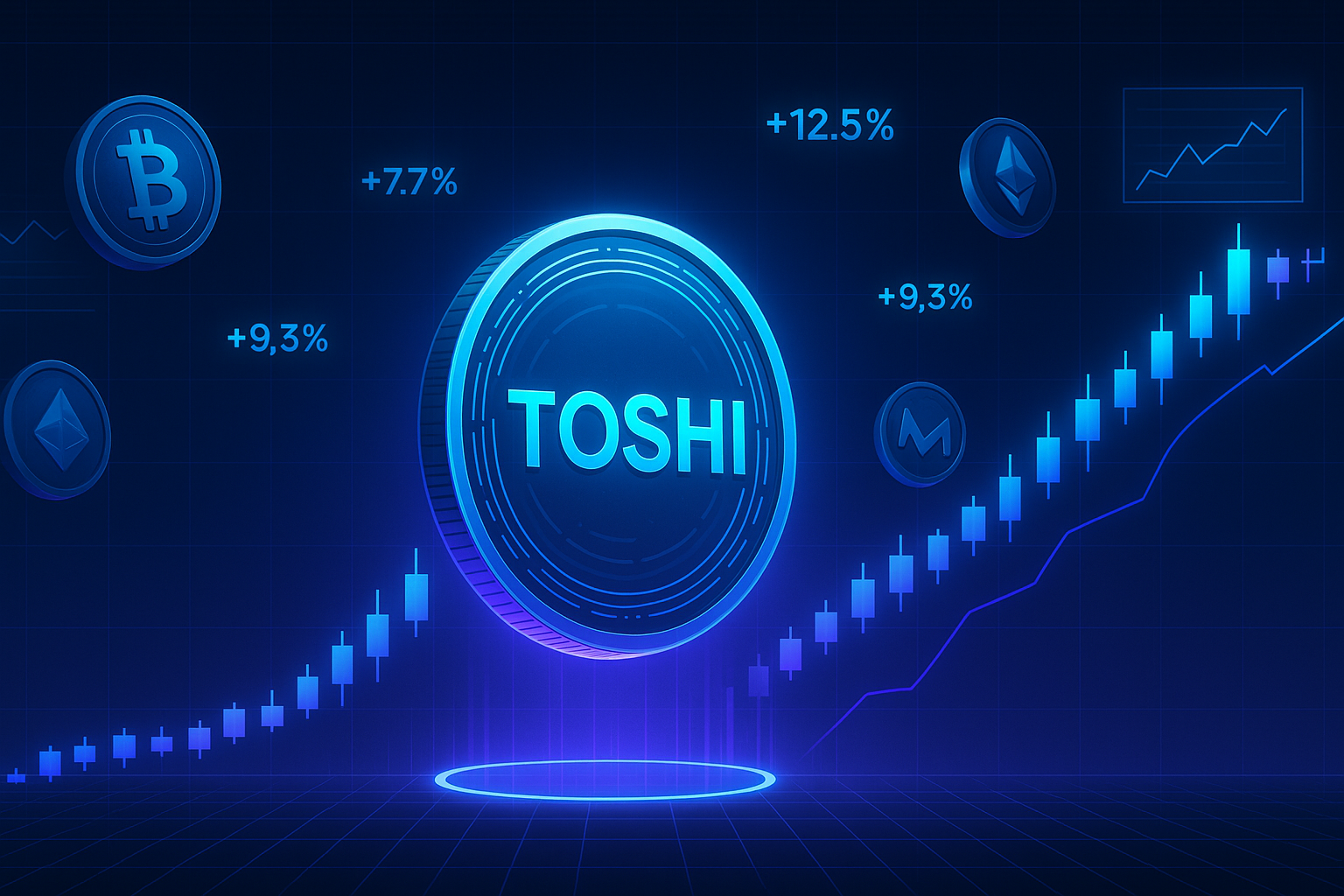 Футуристическая криптовалюта TOSHI набирает популярность на ярком графике цен криптовалют.
