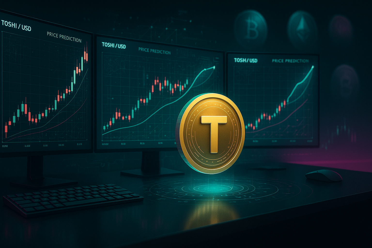 Postazione di trading di criptovalute futuristica con grafici di previsione del prezzo della moneta TOSHI